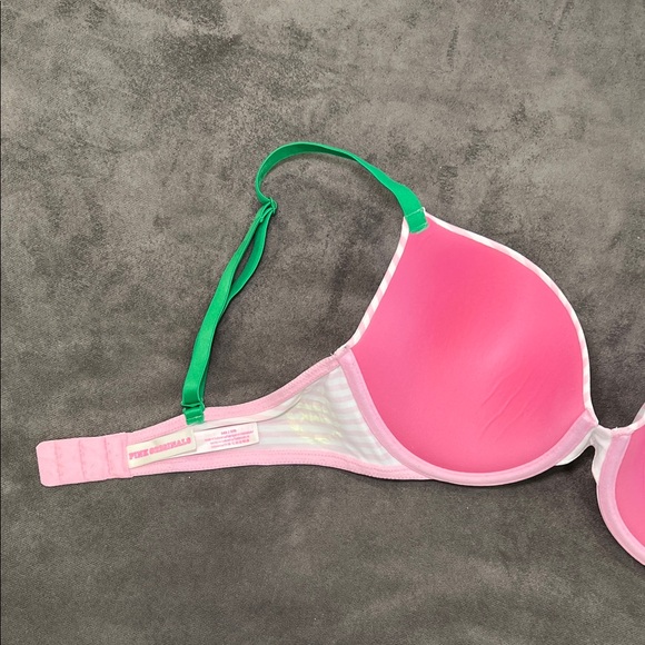 PINK Victoria's Secret Pink and White Striped Bra with Green Straps 34D - Picture 10 of 14
